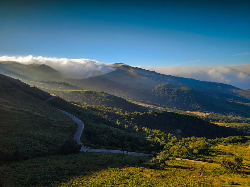 Winding hill road in Karnataka at sunrise